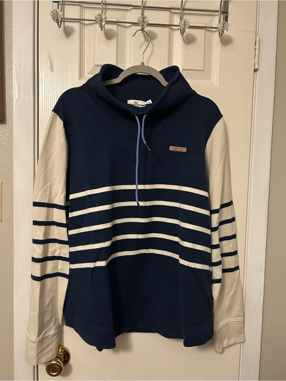 Vineyard Vines Navy and Cream Striped Funnel Neck Pullover